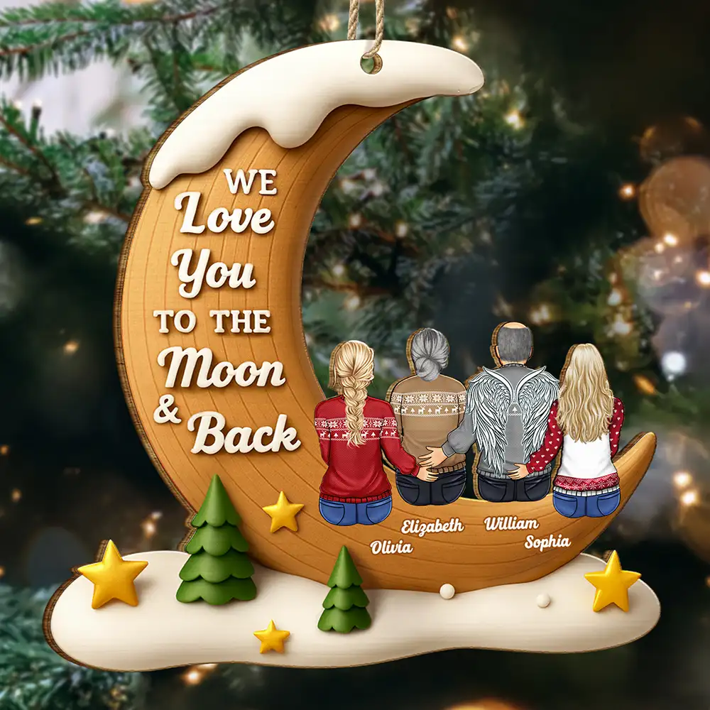 I Love You To The Moon And Back Family - Personalized Custom Shaped Wooden Ornament - Image 2