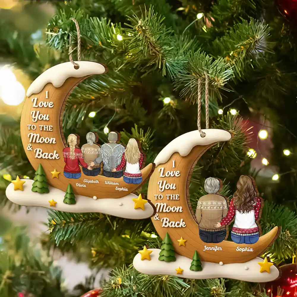 I Love You To The Moon And Back Family - Personalized Custom Shaped Wooden Ornament - Image 7