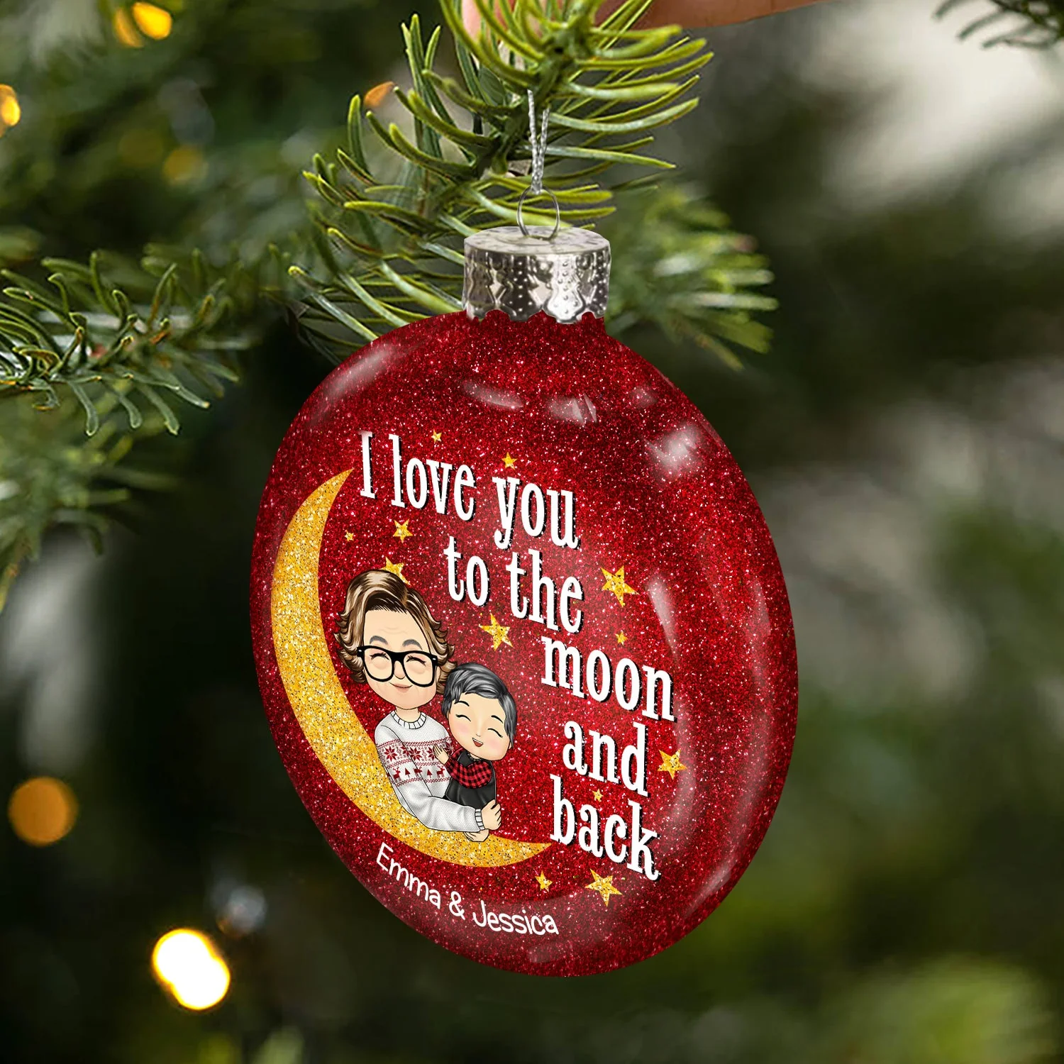 I Love You To The Moon And Back Grandma Mom - Christmas Gift For Grandmother, Mother, Grandkids - Personalized Glitter Plastic Ornament - Image 2
