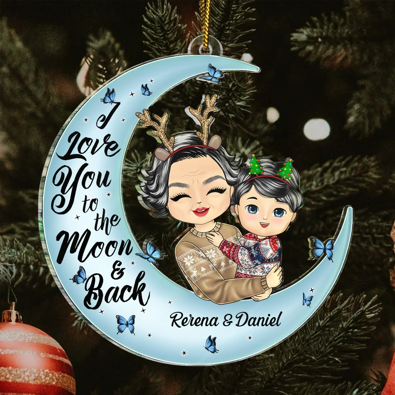 I Love You To The Moon And Back Papa, Nana Chibi - Christmas Gift For Grandparents - Personalized Cutout Acrylic Ornament - Image 3