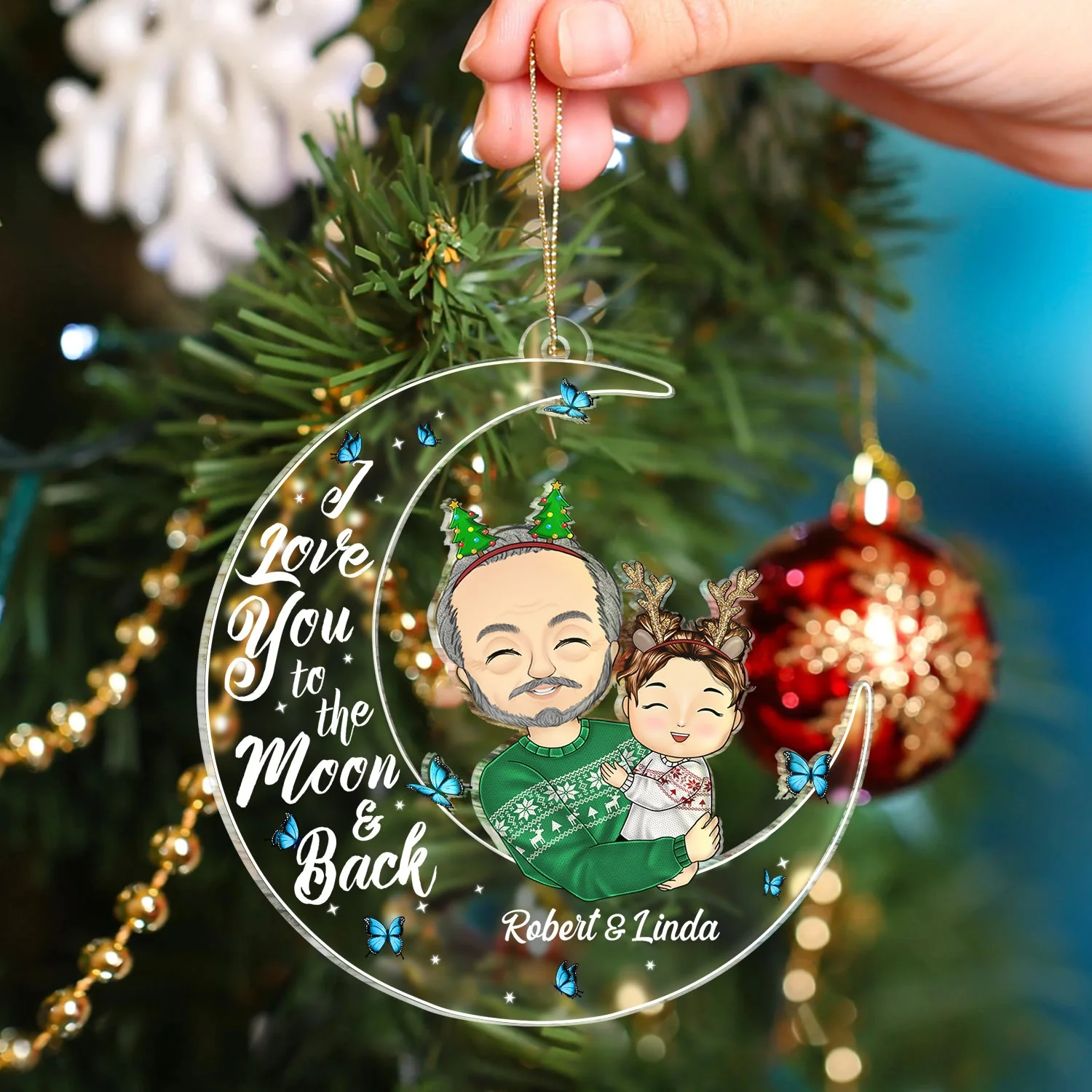 I Love You To The Moon And Back Papa, Nana Chibi - Christmas Gift For Grandparents - Personalized Cutout Acrylic Ornament - Image 4