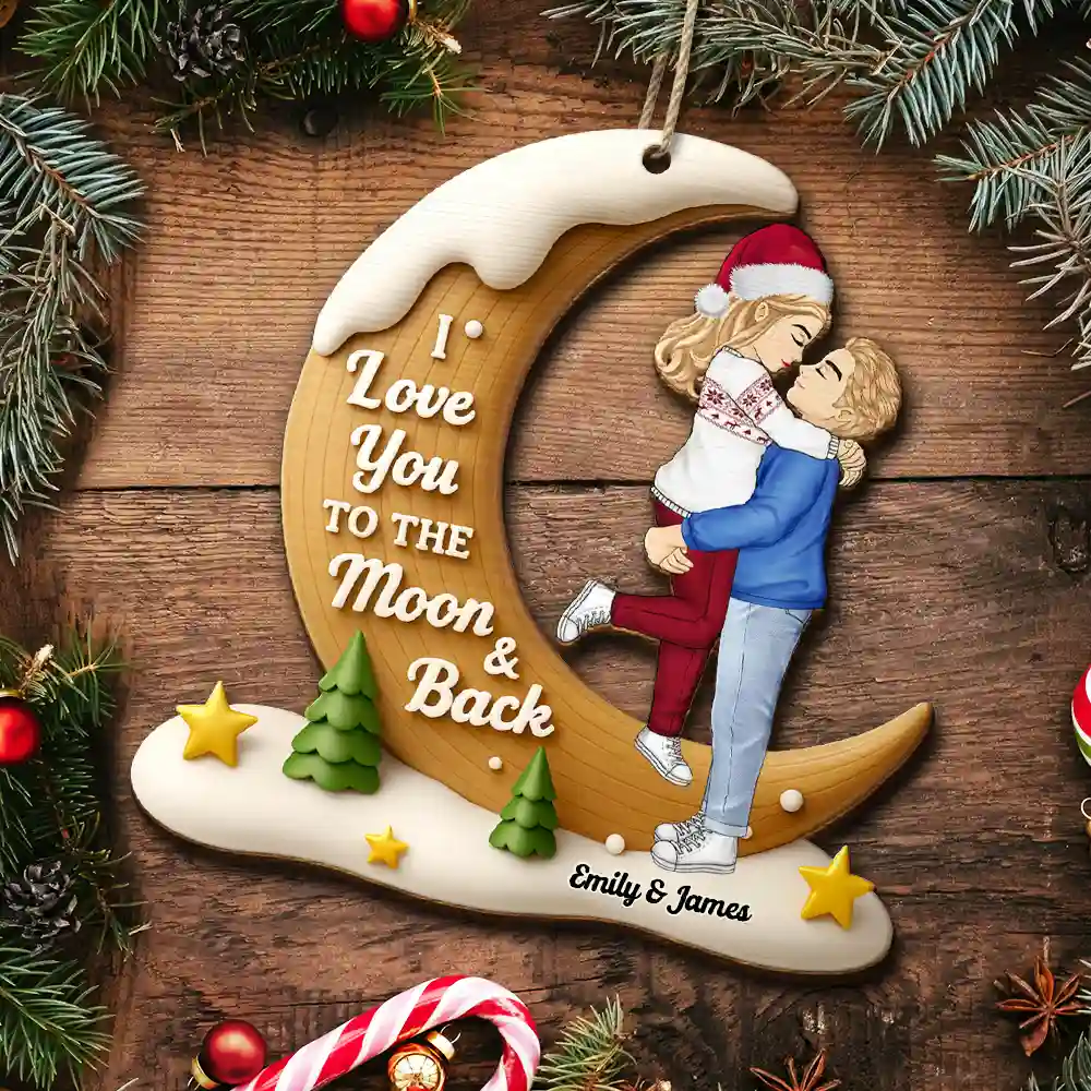 I Love You To The Moon And Back - Personalized Custom Shaped Wooden Ornament - Image 6
