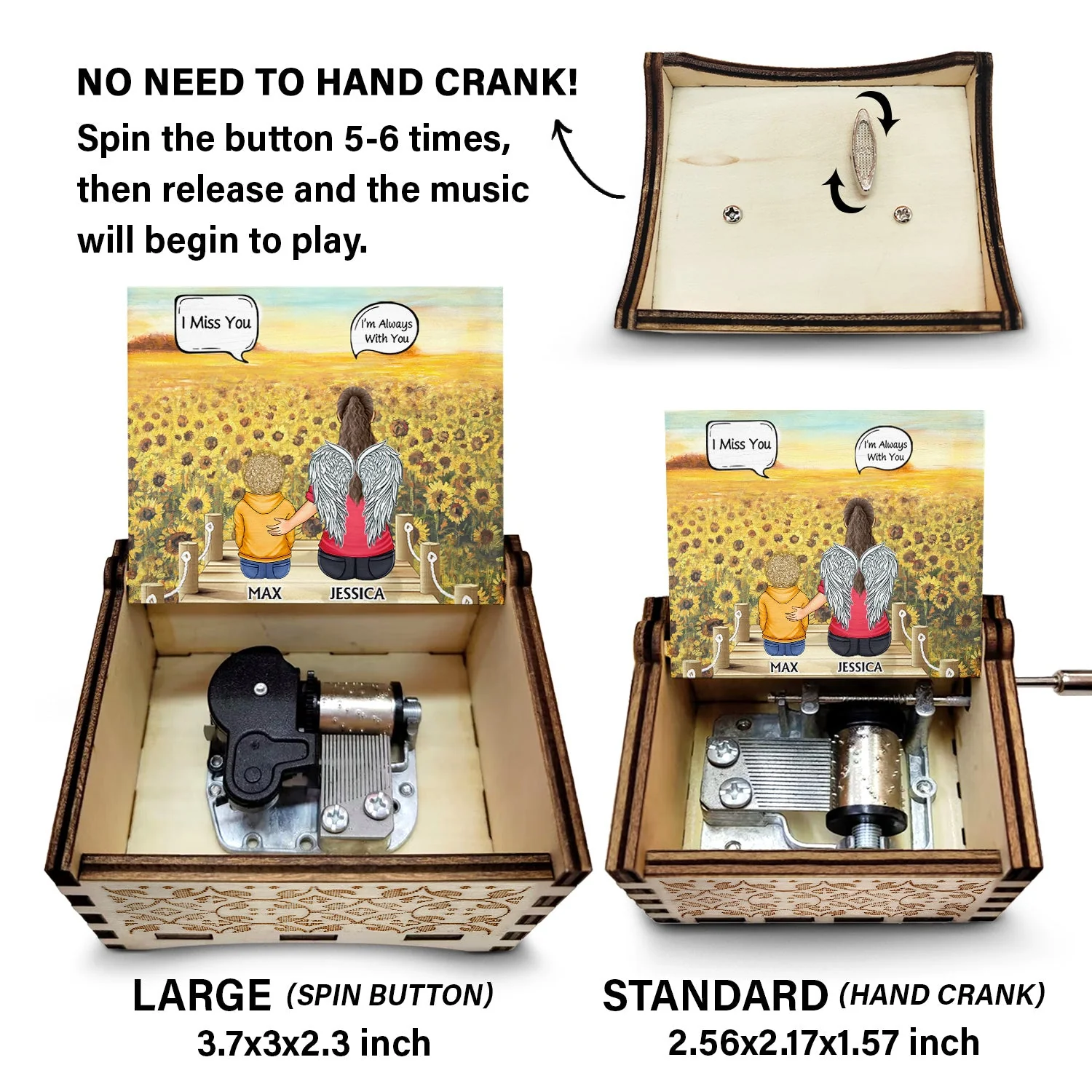 I Miss You I Know - Memorial Gift For Family, Friends, Siblings - Personalized Spin Button, Hand Crank Music Box - Image 4