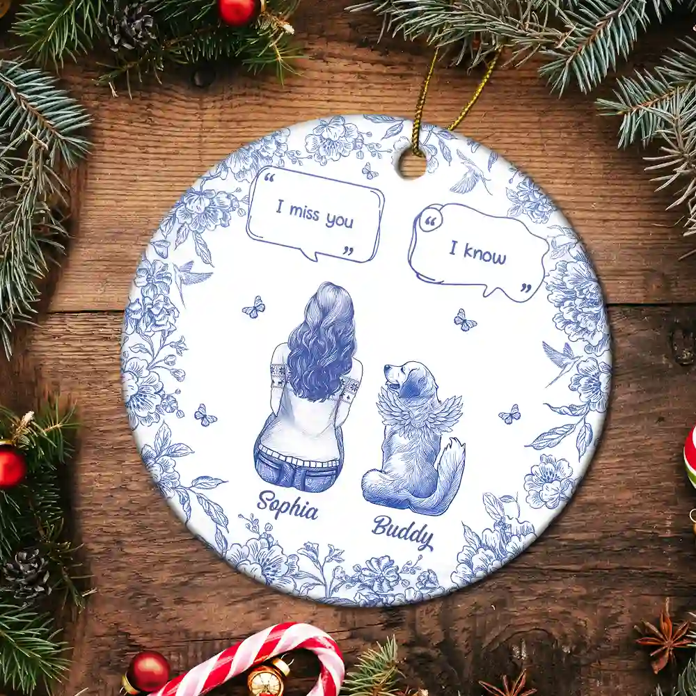 I Miss You Memorial Dog Cat Toile - Personalized Circle Ceramic Ornament - Image 5