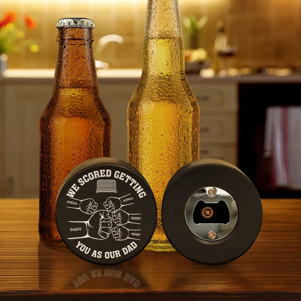 I Scored Getting You As My Dad - Personalized Hockey Puck Bottle Opener - Image 5