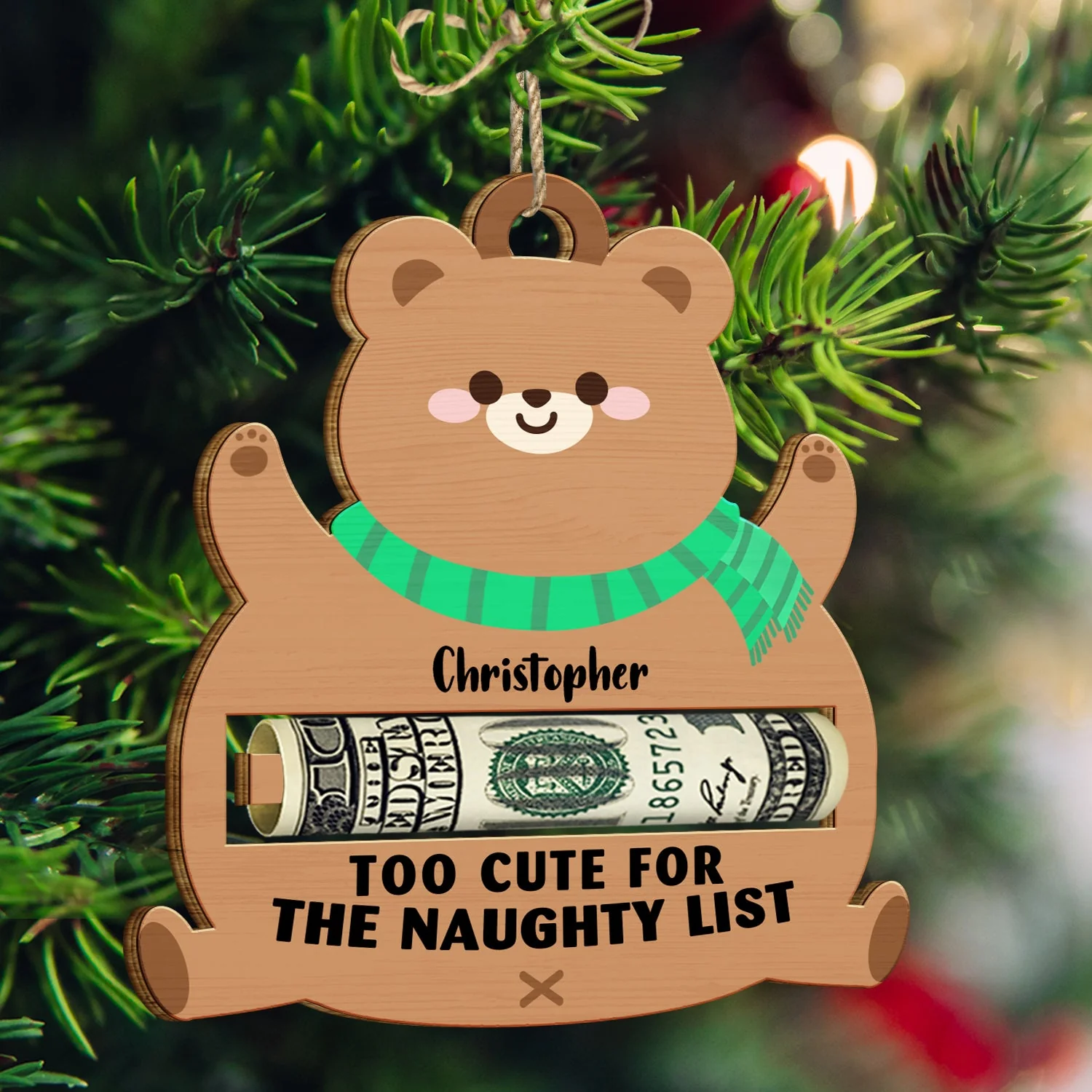 Icon Too Cute For The Naughty List - Christmas Gift For Kids - Personalized Wooden Cutout Ornament, Money Holder Ornament - Image 3