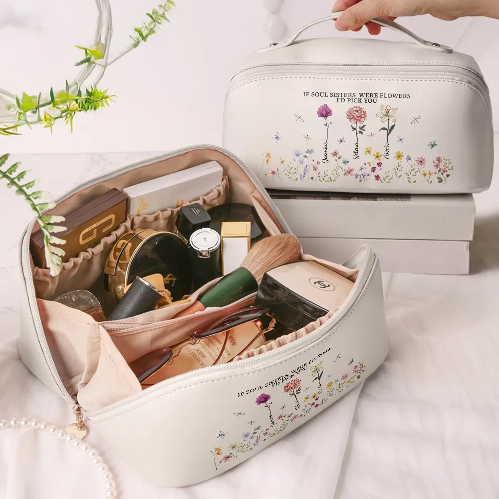 If Besties Sisters Were Flowers I'd Pick You - Personalized Leather Makeup Bag - Image 2