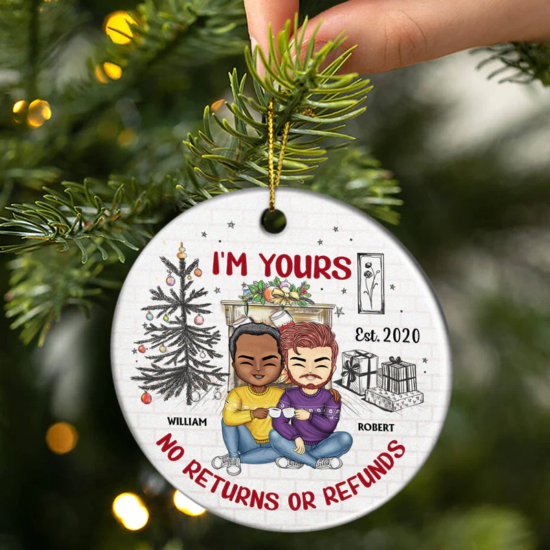 I'm Yours No Returns Or Refunds Chibi - Christmas Gift For Couples - Personalized Custom Circle Ceramic Ornament - Image 2