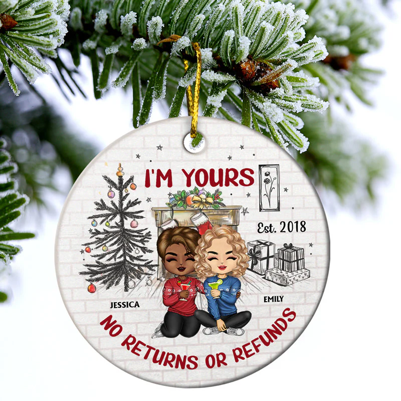 I'm Yours No Returns Or Refunds Chibi - Christmas Gift For Couples - Personalized Custom Circle Ceramic Ornament - Image 3