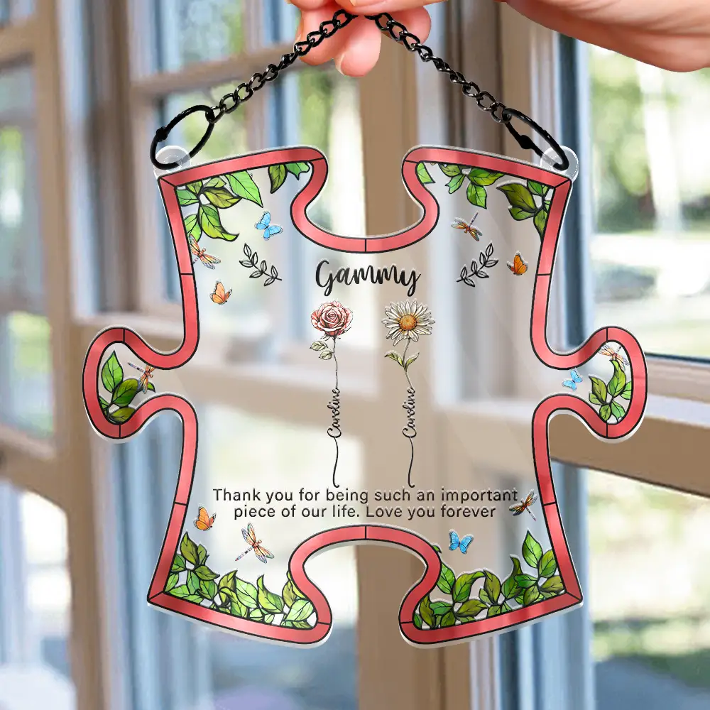 Important Piece Of My Life Grandma Birth Flower - Personalized Window Hanging Suncatcher Ornament - Image 2