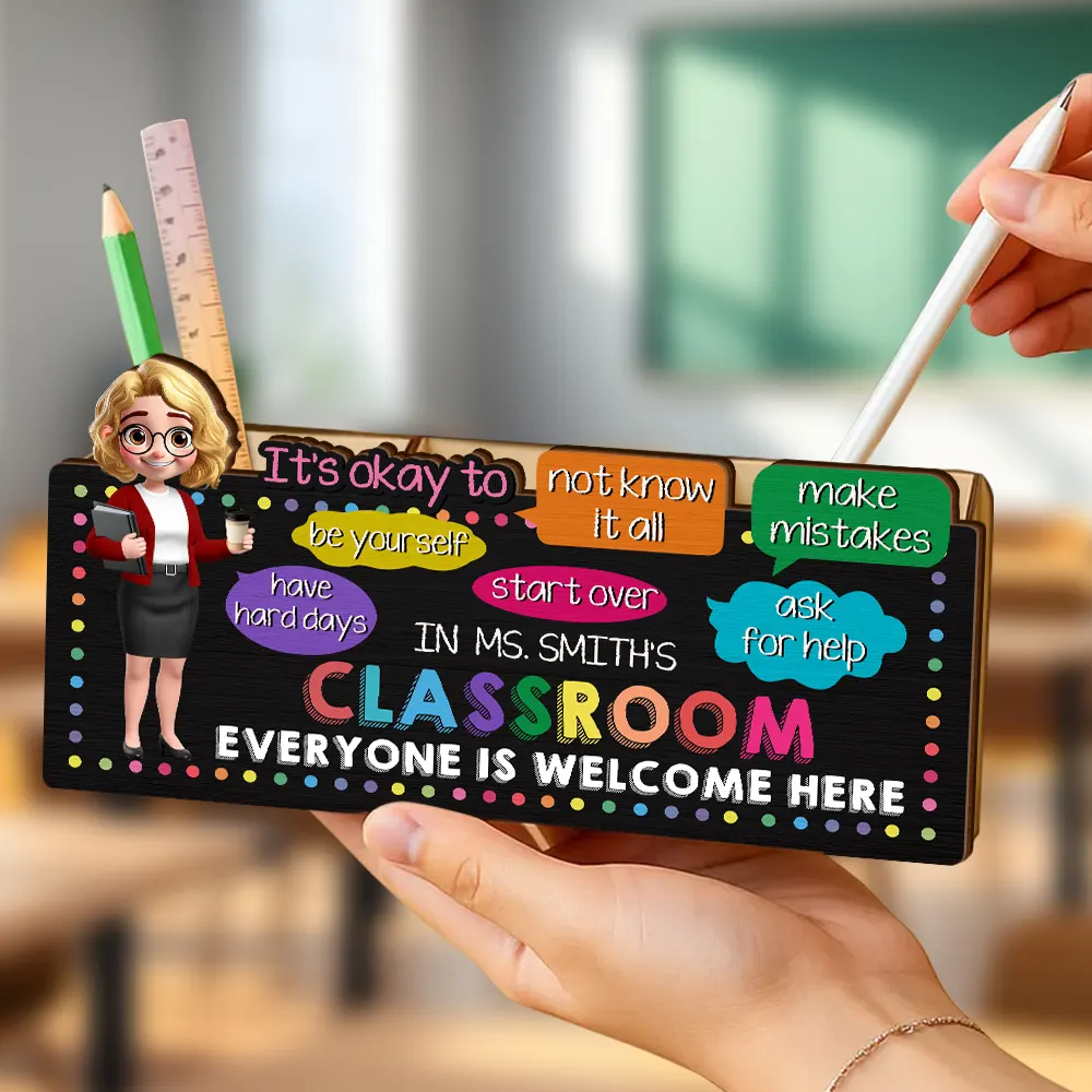 In Teacher Classroom It's Okay To Be Yourself - Personalized Wooden Pen Pencil Holder - Image 3