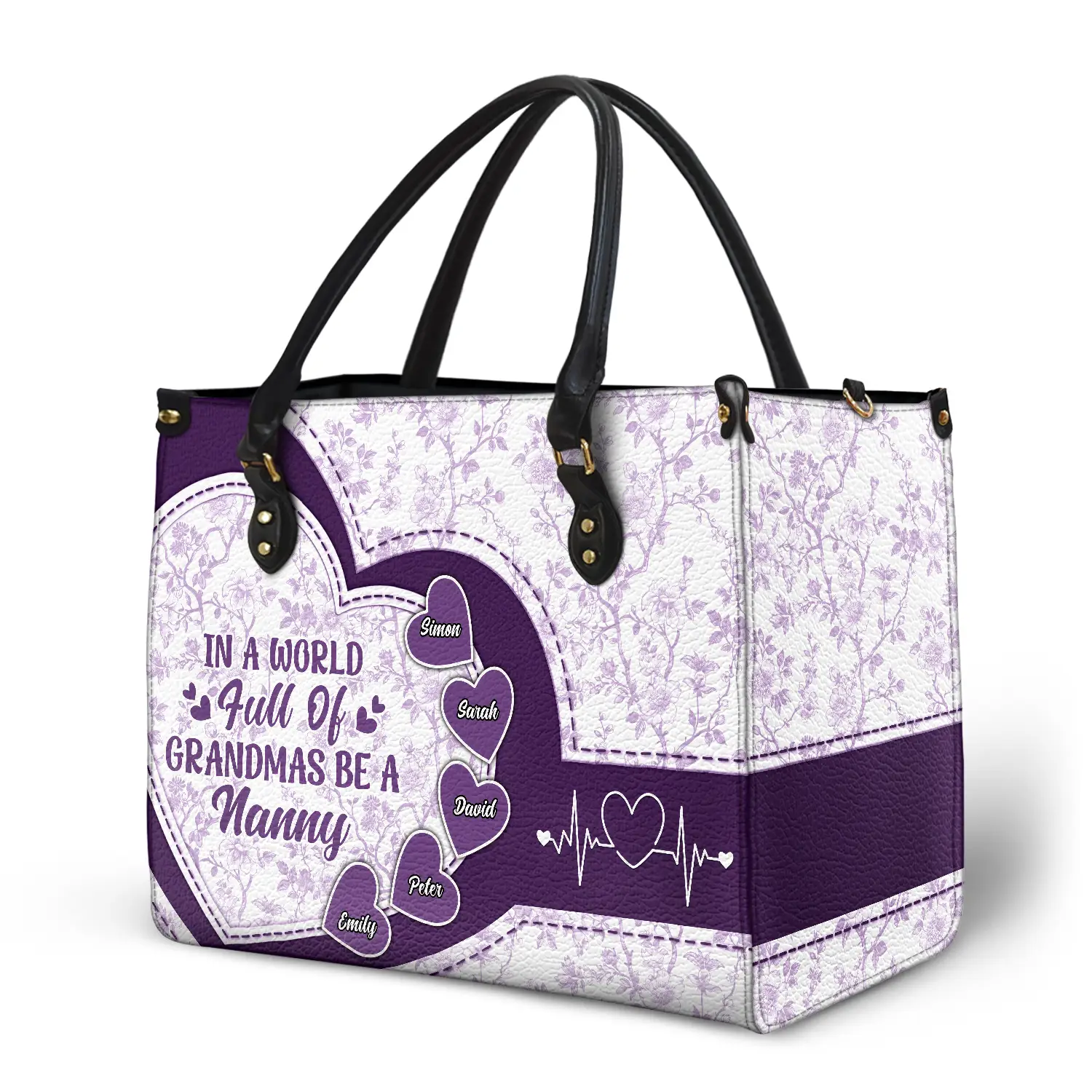 In The World Full Of Grandmas Toile De Jouy Heart Icon - Personalized Leather Bag - Image 2
