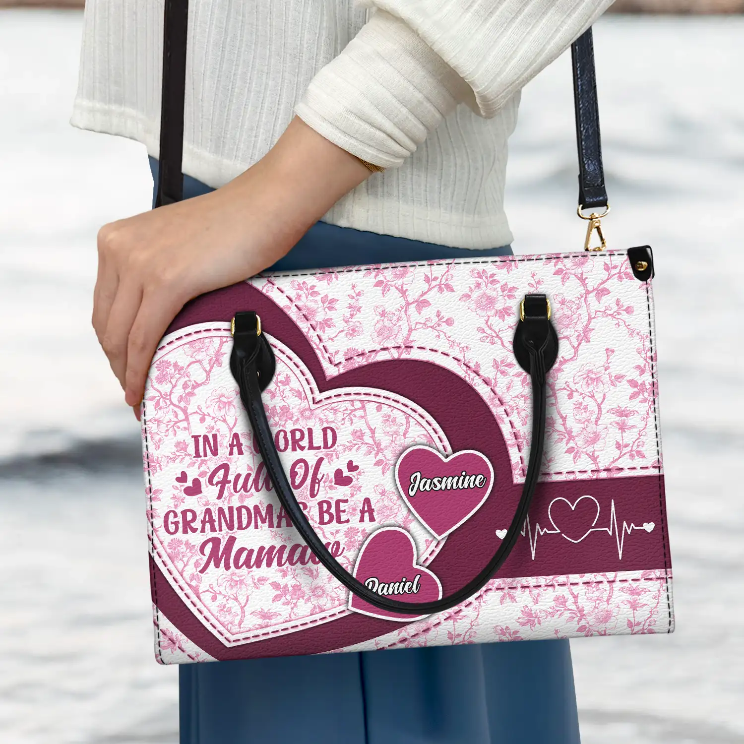 In The World Full Of Grandmas Toile De Jouy Heart Icon - Personalized Leather Bag - Image 3