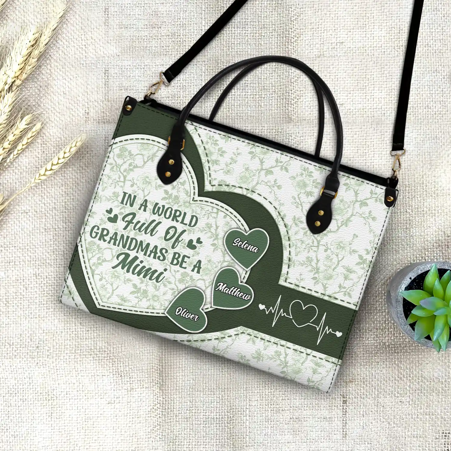 In The World Full Of Grandmas Toile De Jouy Heart Icon - Personalized Leather Bag - Image 4