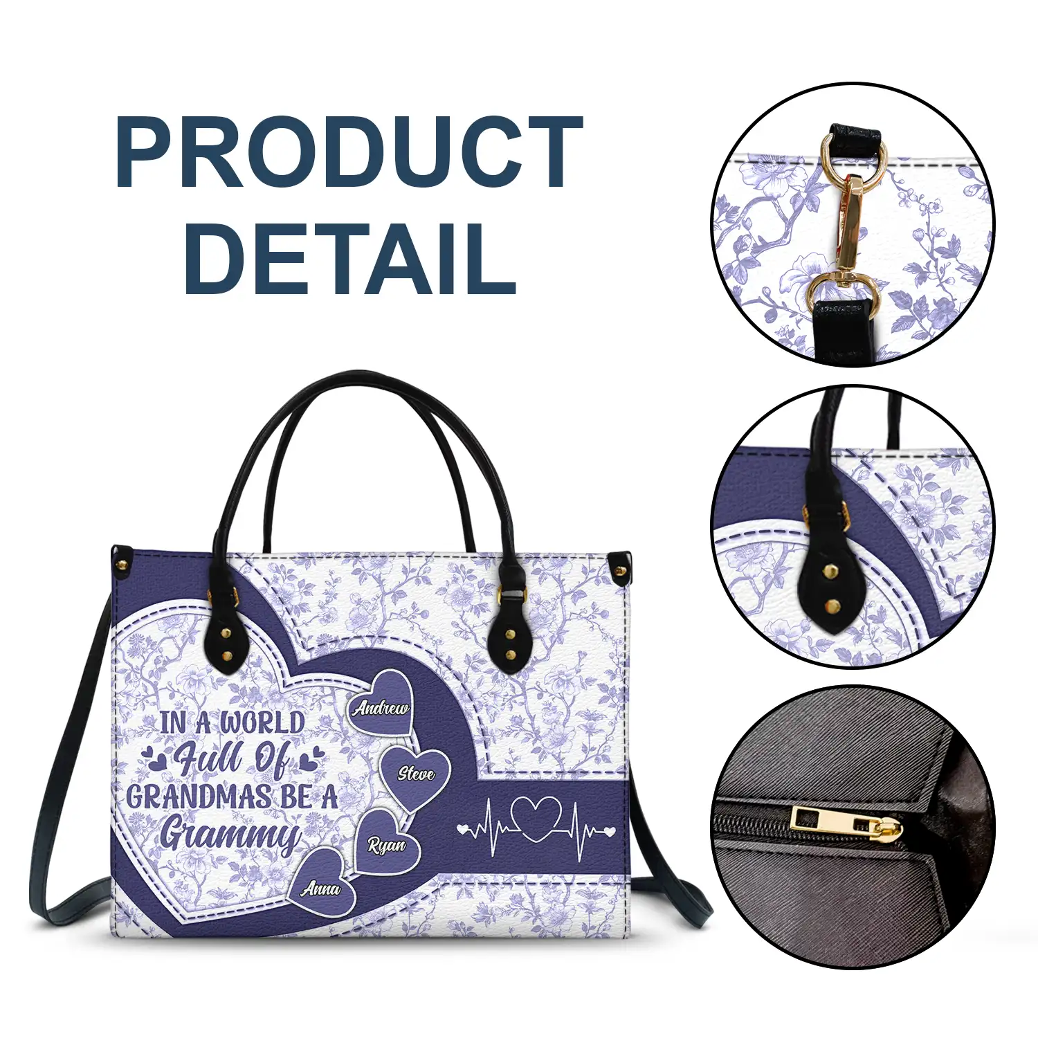 In The World Full Of Grandmas Toile De Jouy Heart Icon - Personalized Leather Bag - Image 7