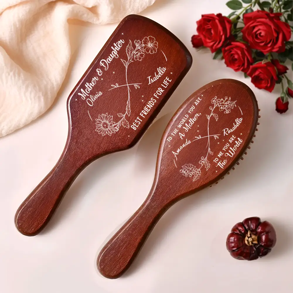 Infinity Birth Flower Mother And Daughter Forever Linked Together - Personalized Wooden Hair Brush - Image 2