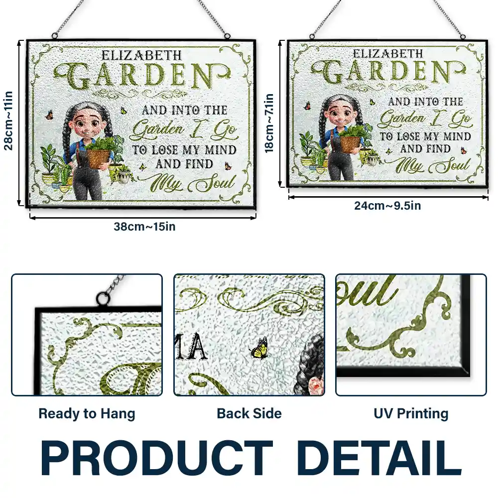 Into The Garden I Go 3D Effect Gardening Woman - Personalized Horizontal Stained Glass Suncatcher - Image 3
