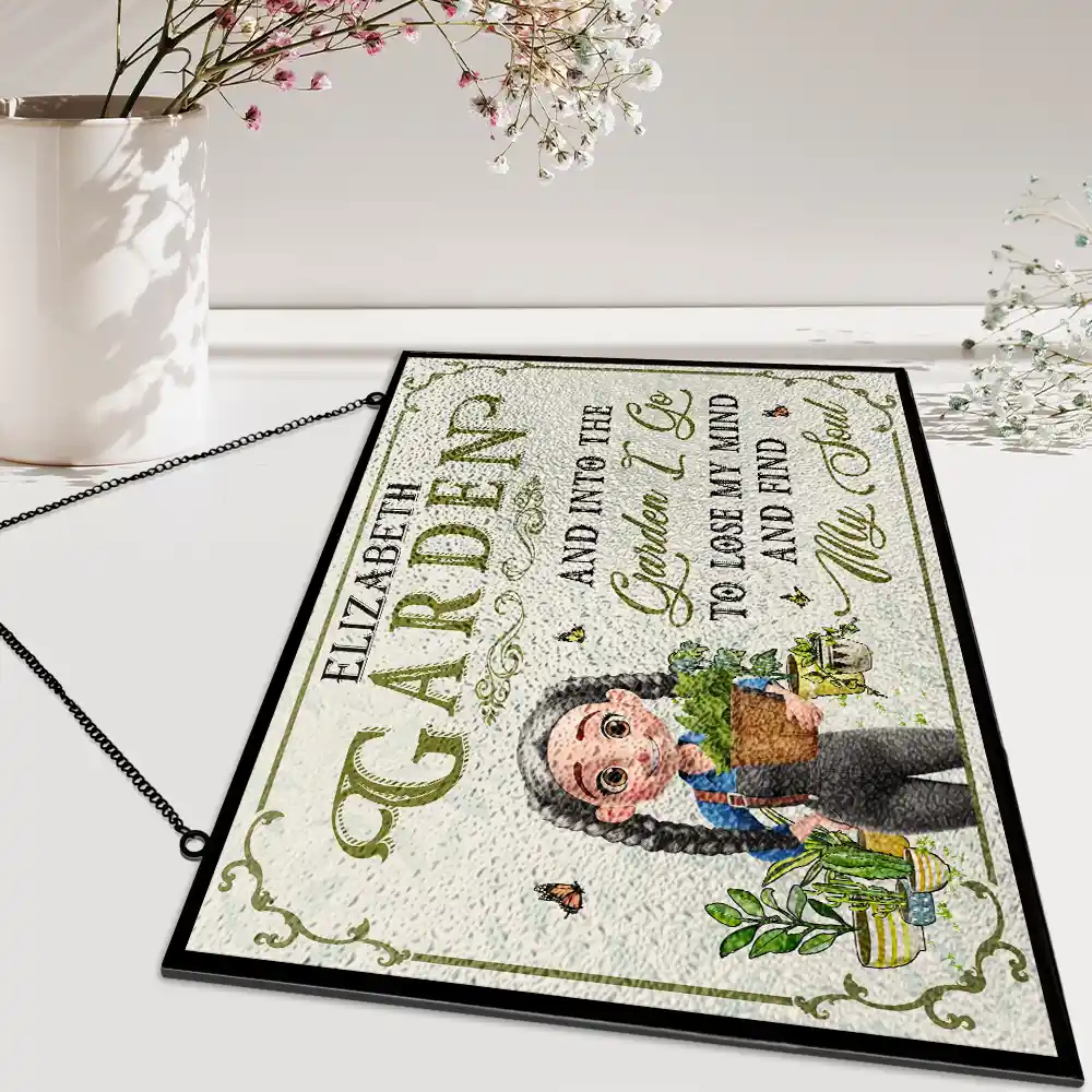 Into The Garden I Go 3D Effect Gardening Woman - Personalized Horizontal Stained Glass Suncatcher - Image 5