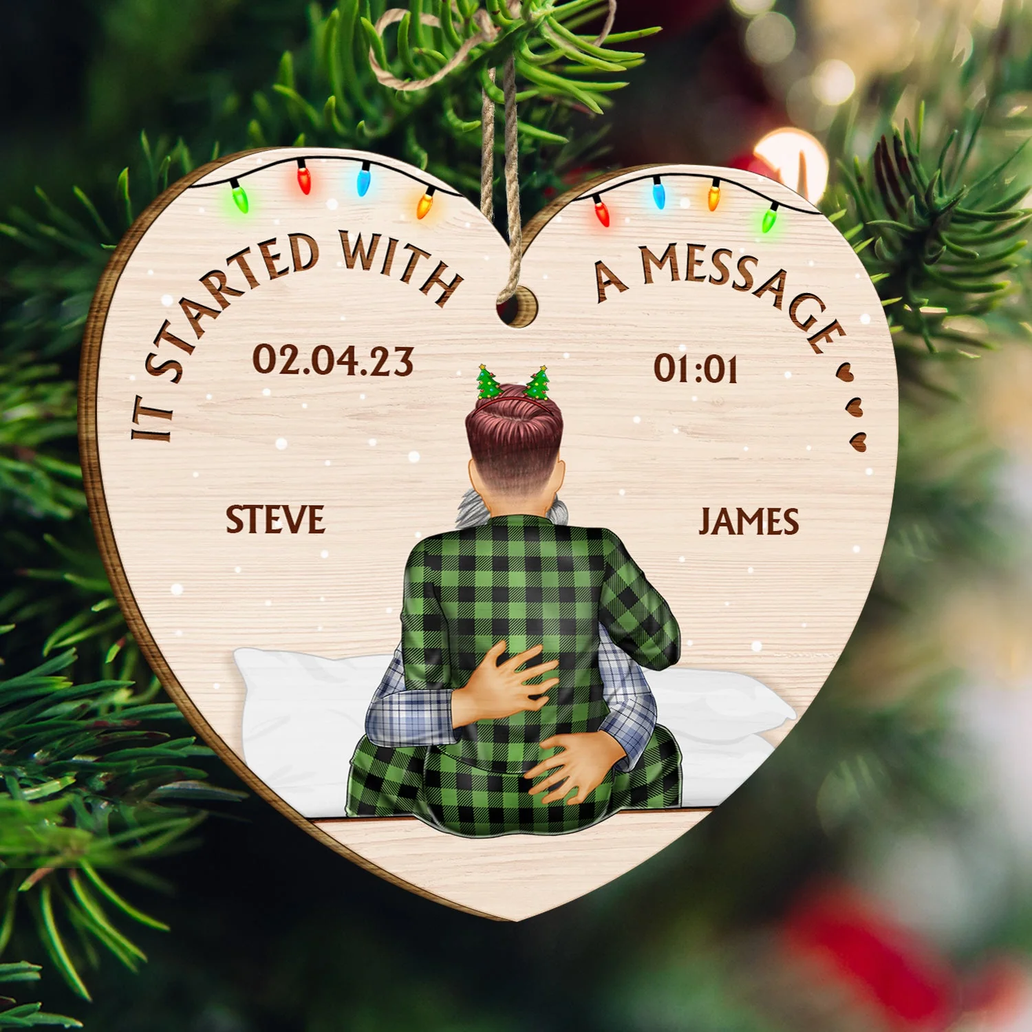It Started With A Message - Christmas Gift For Couples - Personalized Custom Shaped Wooden Ornament - Image 3