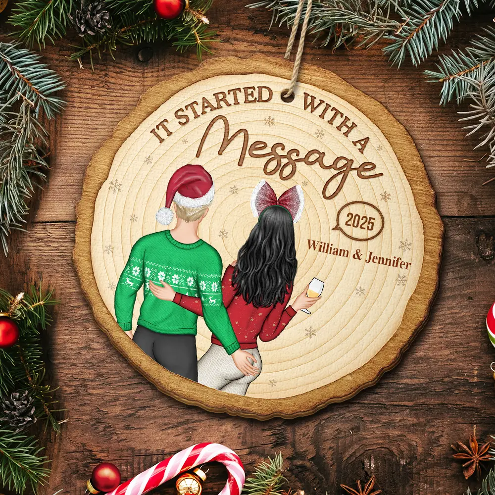 It Started With A Message Online Dating Couple - Personalized Custom Shaped Wooden Ornament - Image 5