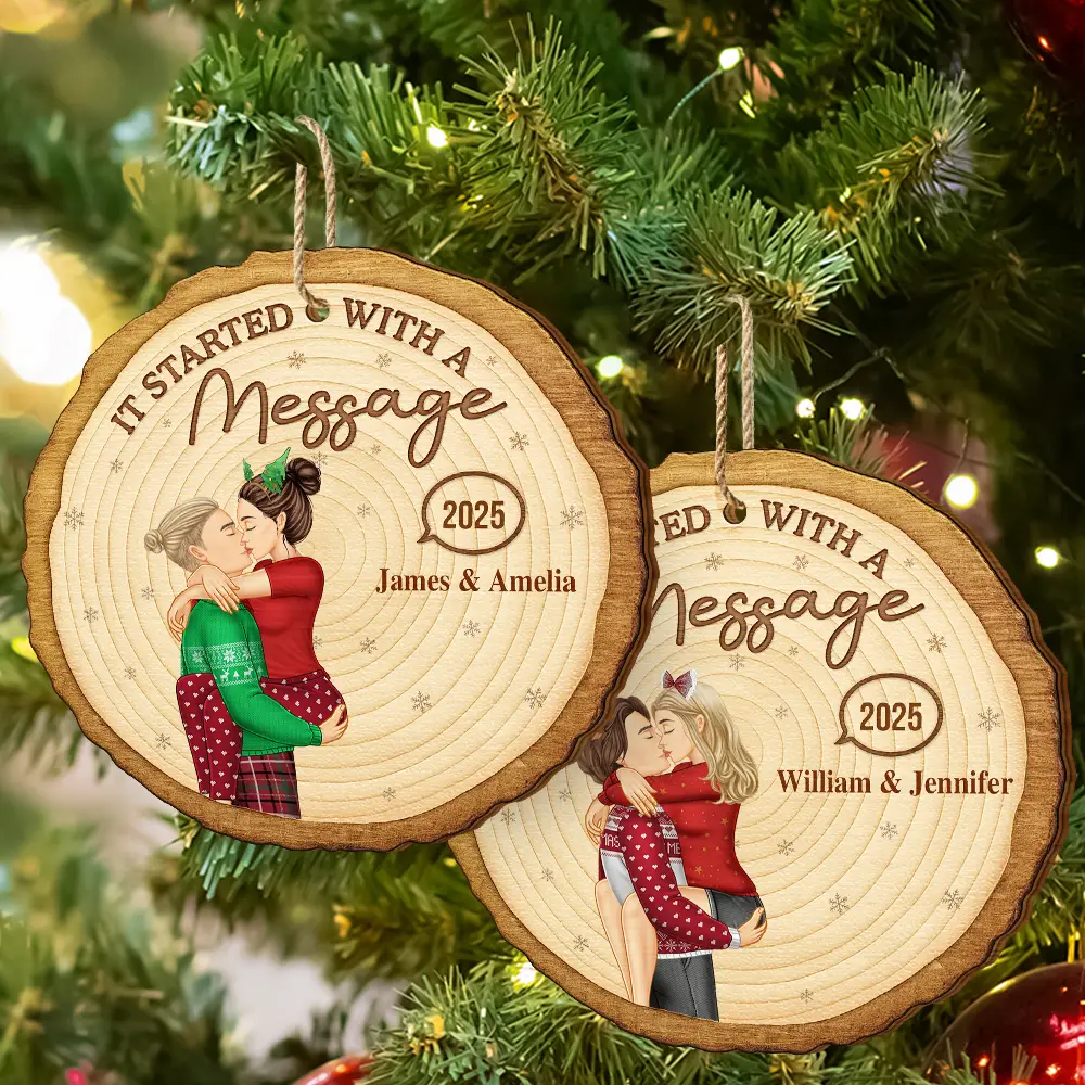 It Started With A Message Online Dating Couple Side View - Personalized Custom Shaped Wooden Ornament - Image 6