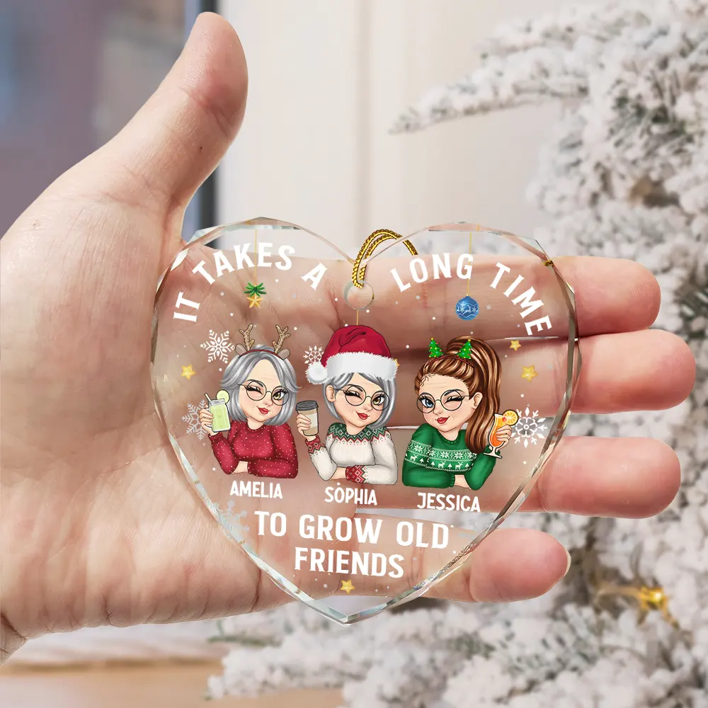 It Takes A Long Time To Grow An Old Friend Christmas - Personalized Heart Shaped Glass Ornament - Image 3