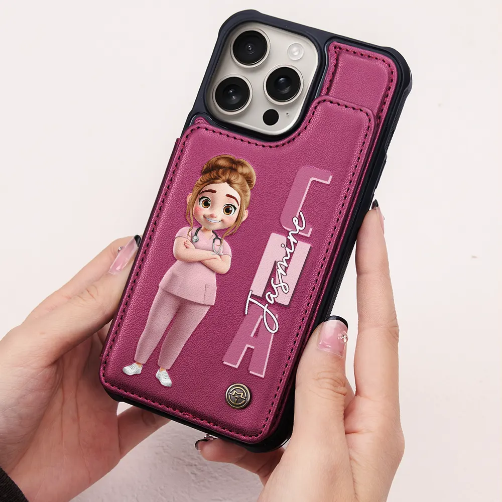 Job Title 3D Effect Nurse - Personalized Leather Flip Wallet Phone Case - Image 2