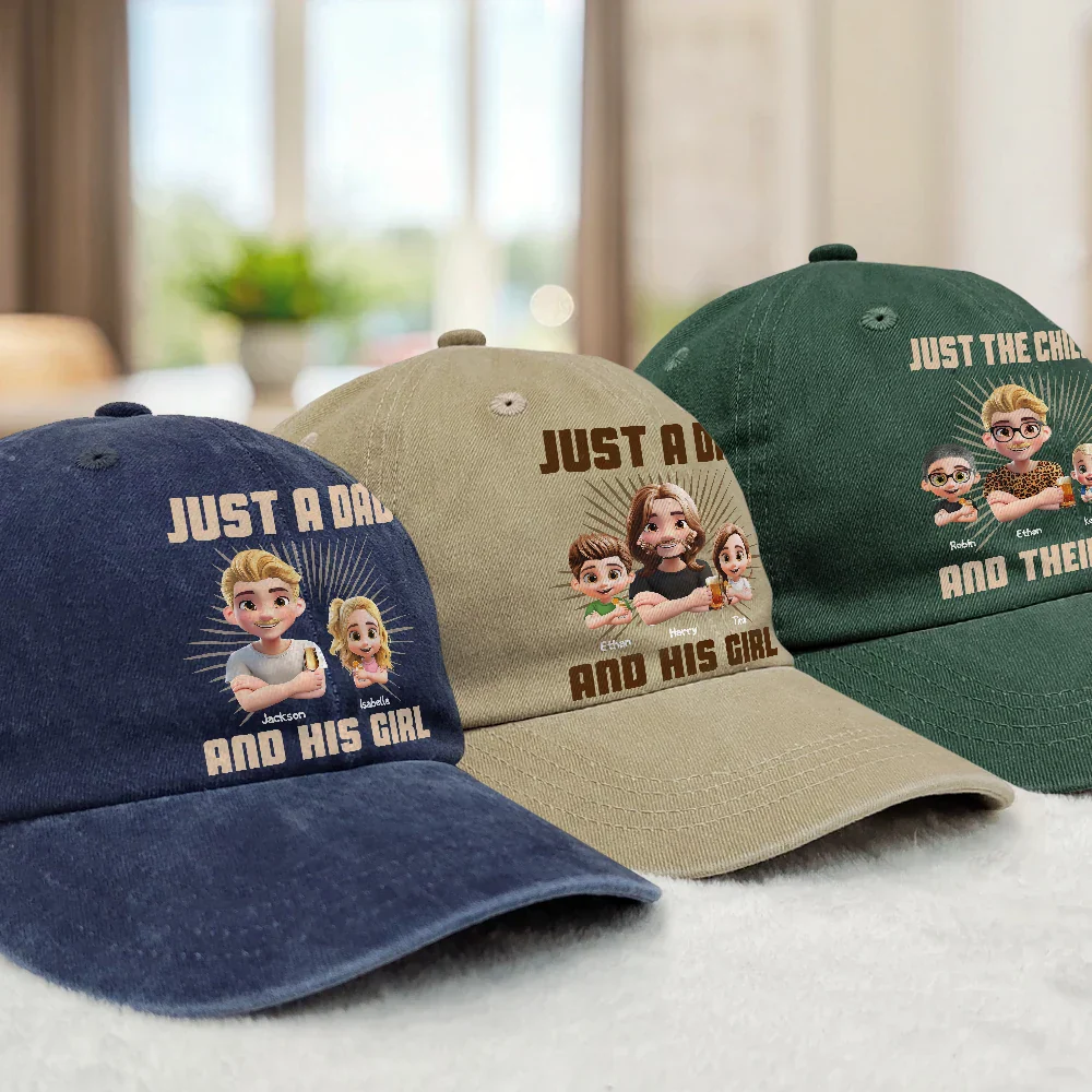 Just A Dad And His Girl 3D Effect Crossed Arms - Personalized Vintage Washed Denim Cap - Image 3