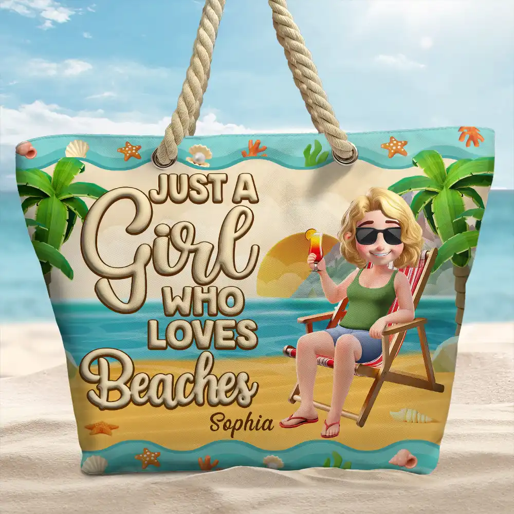 Just A Girl Who Loves Beaches Cartoon - Personalized Beach Bag - Image 2