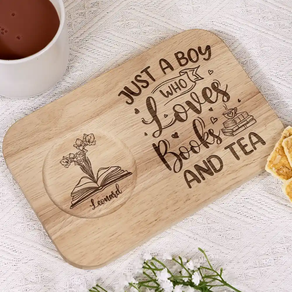 Just A Girl Who Loves Books And Coffee - Personalized Serving Board With Cup Holder - Image 2