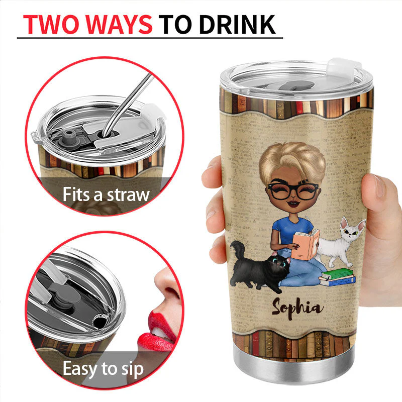Just A Girl Who Loves Books & Cats - Reading Gift - Personalized Custom Tumbler - Image 3