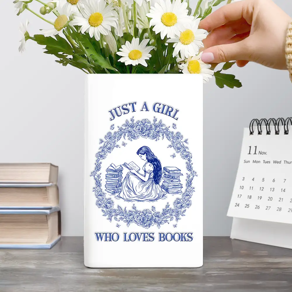 Just A Girl Who Loves Books Chinoiserie Toile 3D Inflated Effect - Personalized Ceramic Book Vase - Image 4
