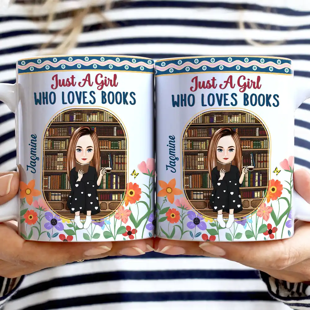 Just A Girl Who Loves Books Flower Garden - Personalized White Edge-to-Edge Mug - Image 2