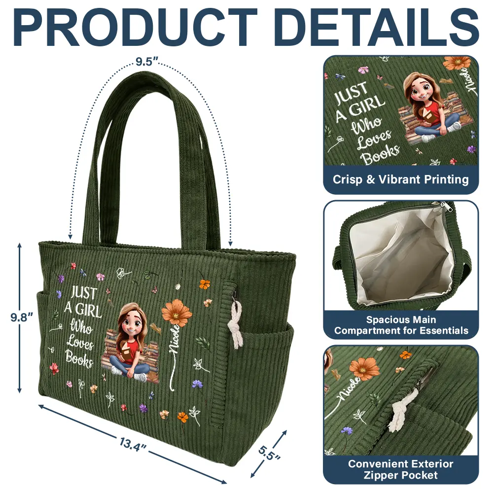 Just A Girl Who Loves Books - Personalized Corduroy Tote Bag - Image 5