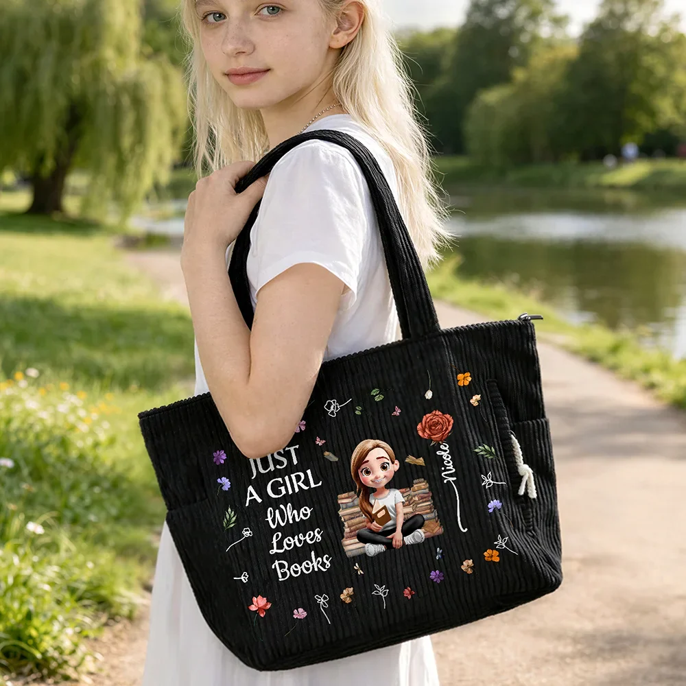 Just A Girl Who Loves Books - Personalized Corduroy Tote Bag - Image 6