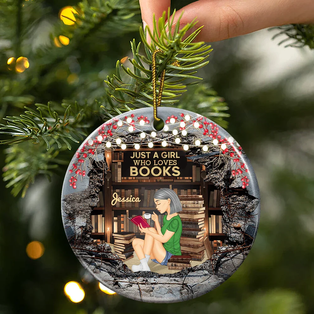 Just A Girl Who Loves Books Reading - Personalized Circle Ceramic Ornament - Image 3