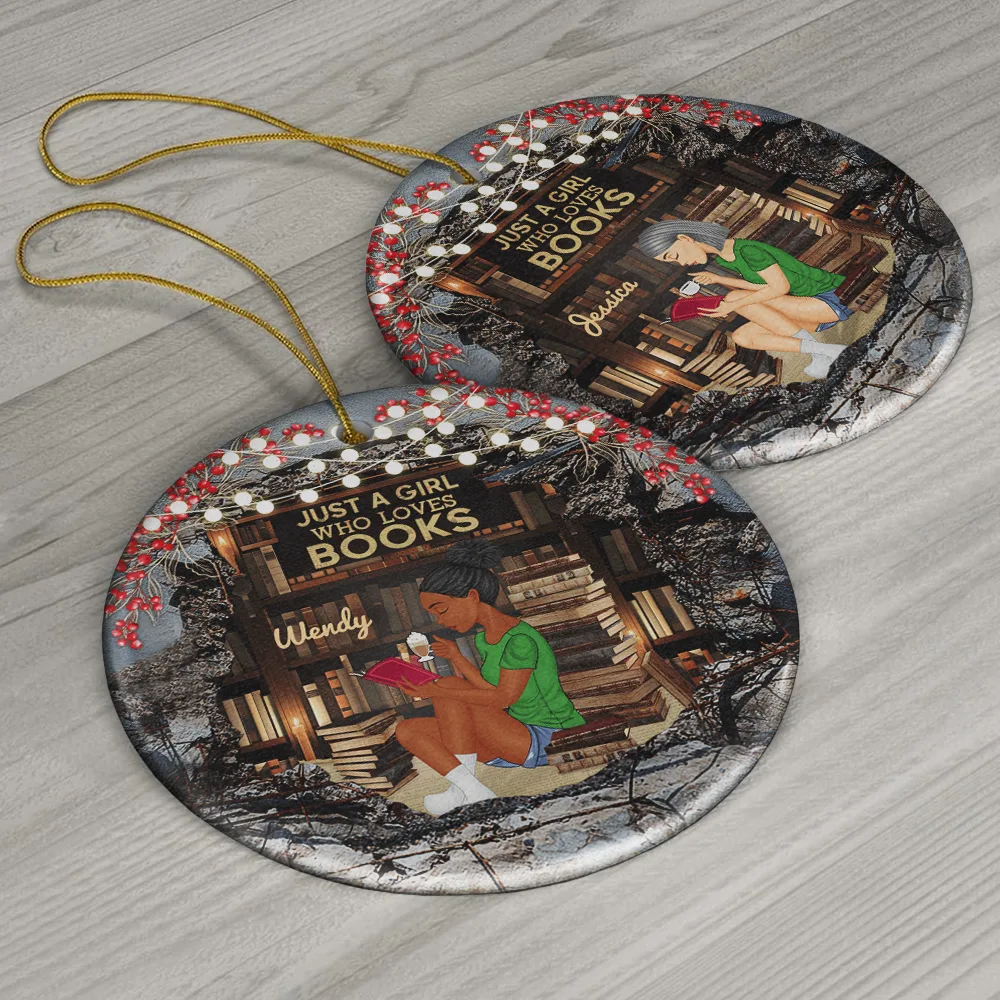 Just A Girl Who Loves Books Reading - Personalized Circle Ceramic Ornament - Image 6
