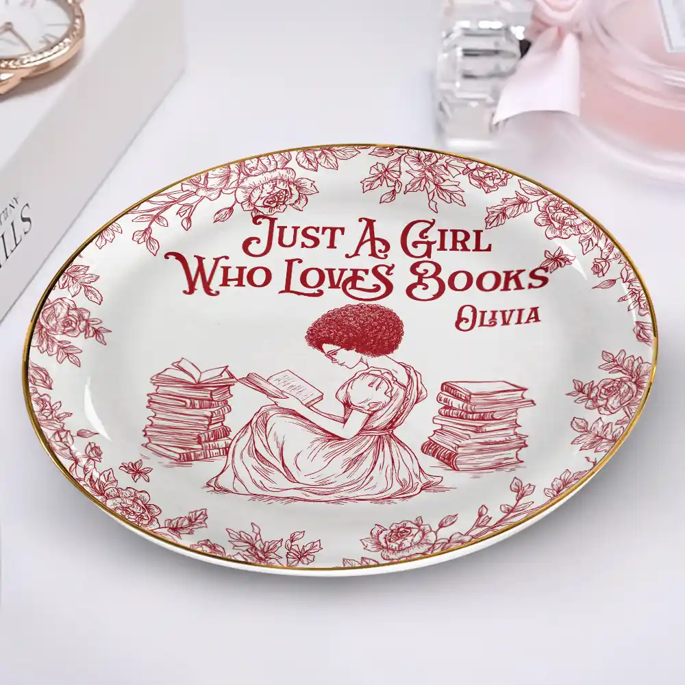 Just A Girl Who Loves Books Toile De Jouy Pattern - Personalized Round Ring Dish - Image 2