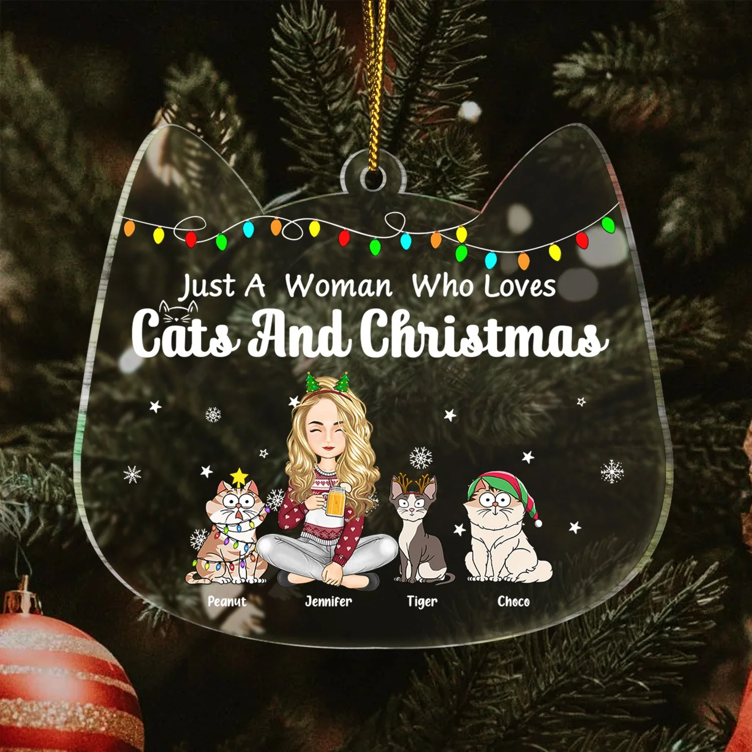 Just A Girl Who Loves Cats & Christmas - Gift For Cat Lovers, Cat Mom - Personalized Custom Shaped Acrylic Ornament - Image 3