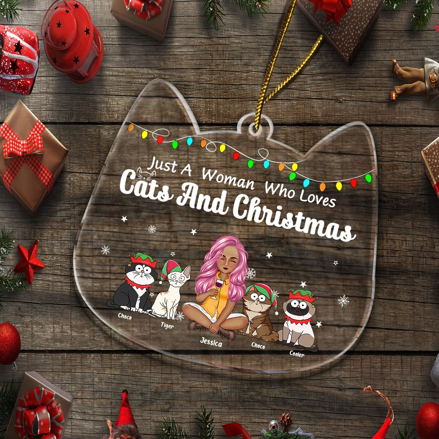 Just A Girl Who Loves Cats & Christmas - Gift For Cat Lovers, Cat Mom - Personalized Custom Shaped Acrylic Ornament - Image 5