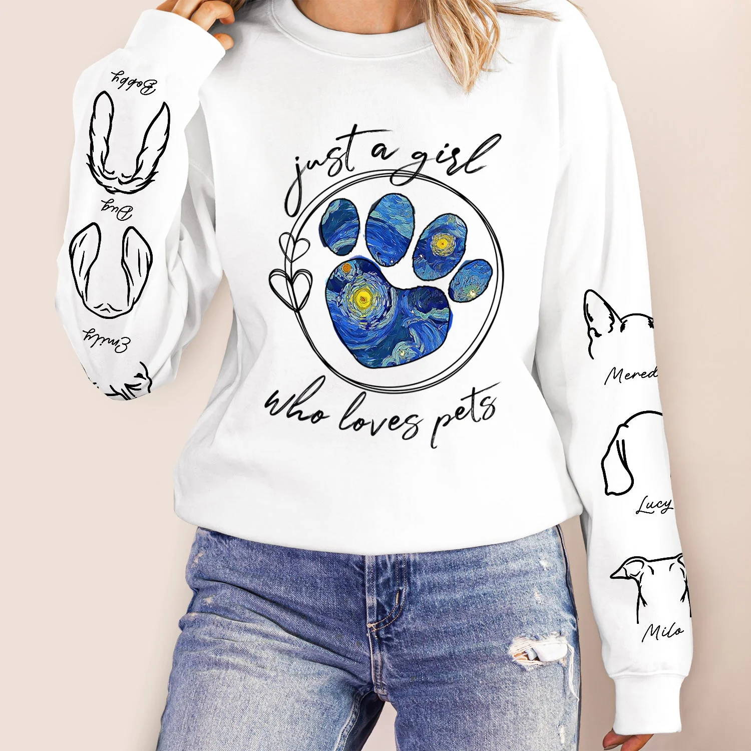 Just A Girl Who Loves Dogs Cats Night Sky - Birthday, Loving Gift For Dog Lover, Cat Mom, Pet Mum - Personalized Unisex Sweatshirt With Design On Sleeve - Image 5
