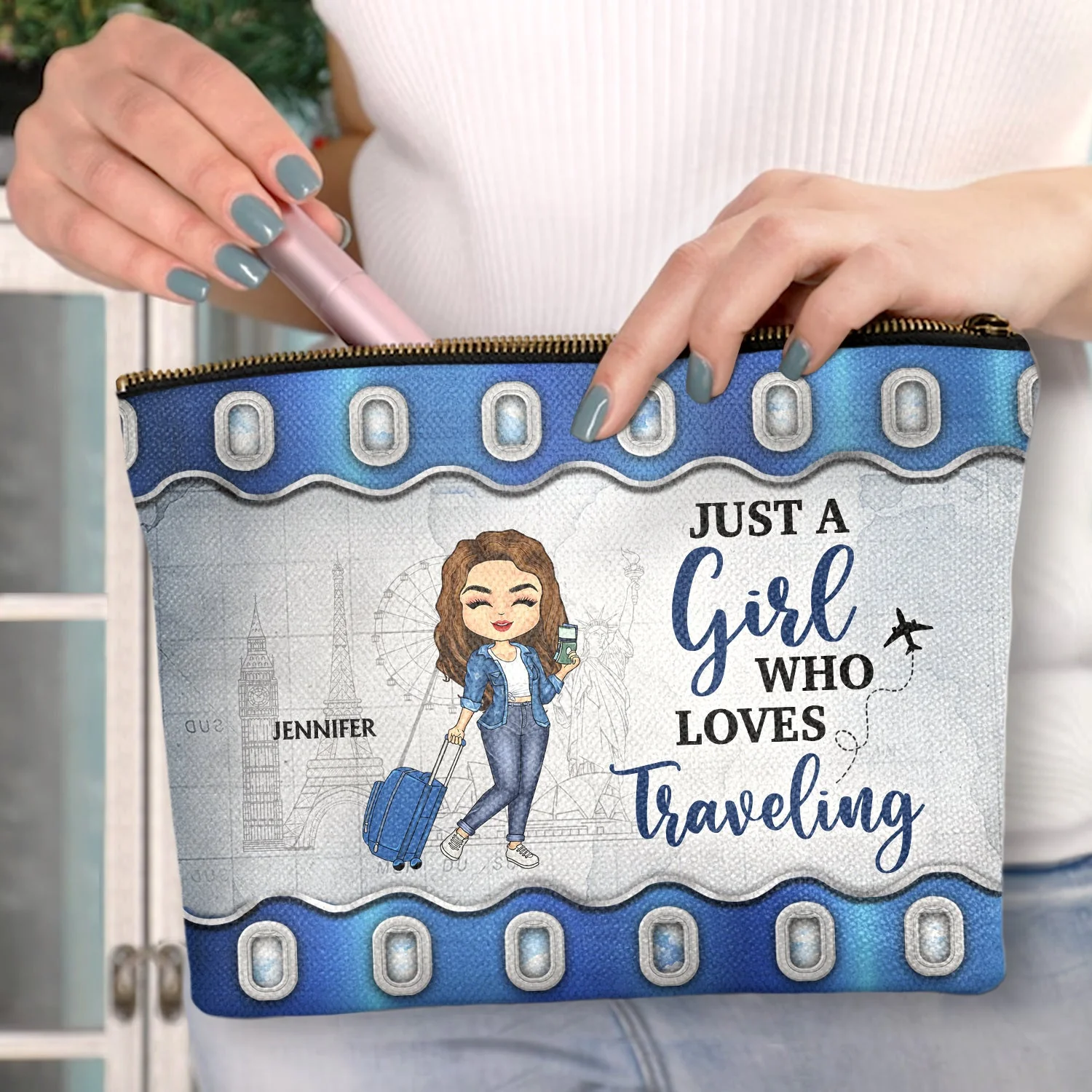 Just A Girl Who Loves Traveling - Gift For Travel Lovers - Personalized Cosmetic Bag - Image 3