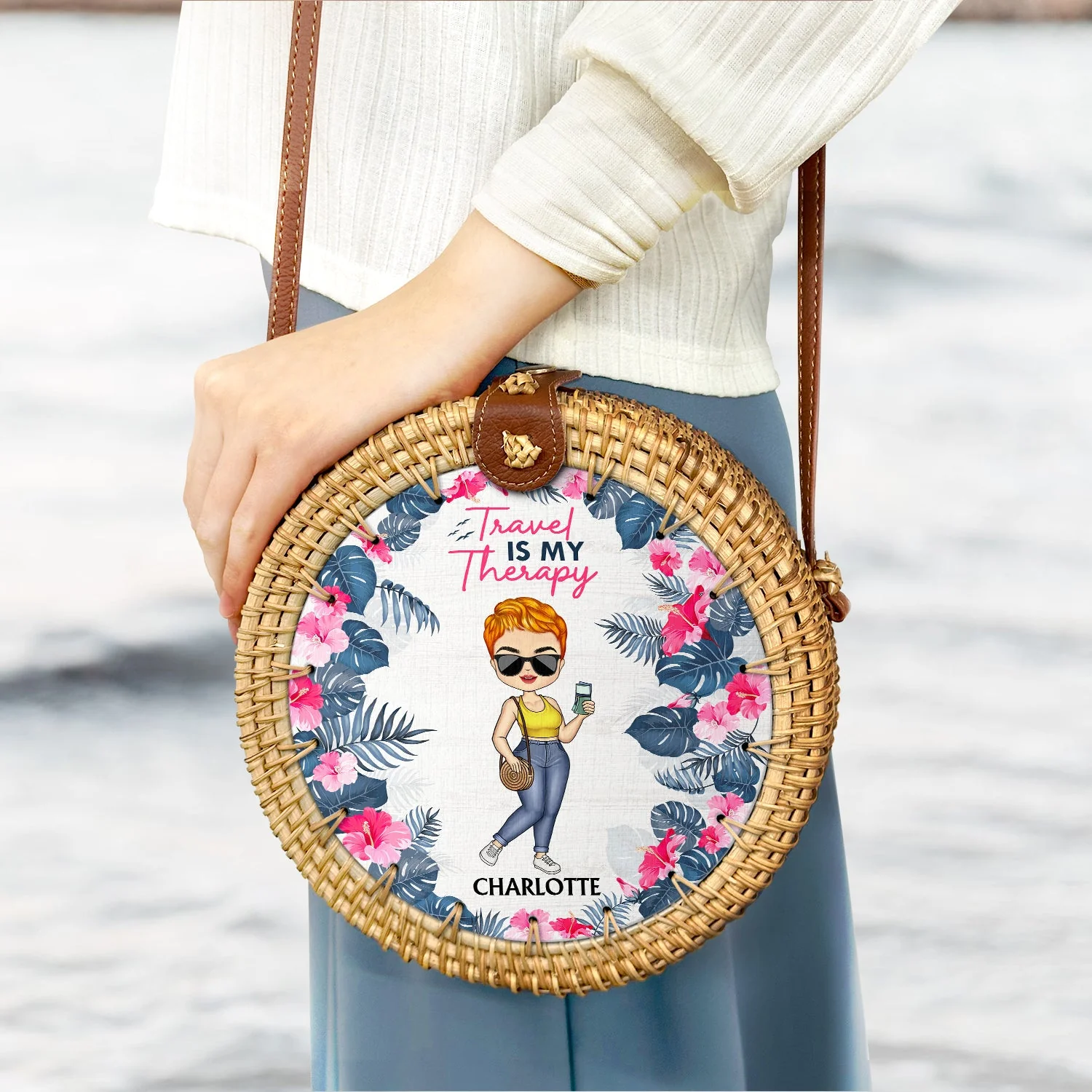 Just Beachy Vacation Mode On - Gift For Her, Travel Lovers - Personalized Custom Round Rattan Bag - Image 3