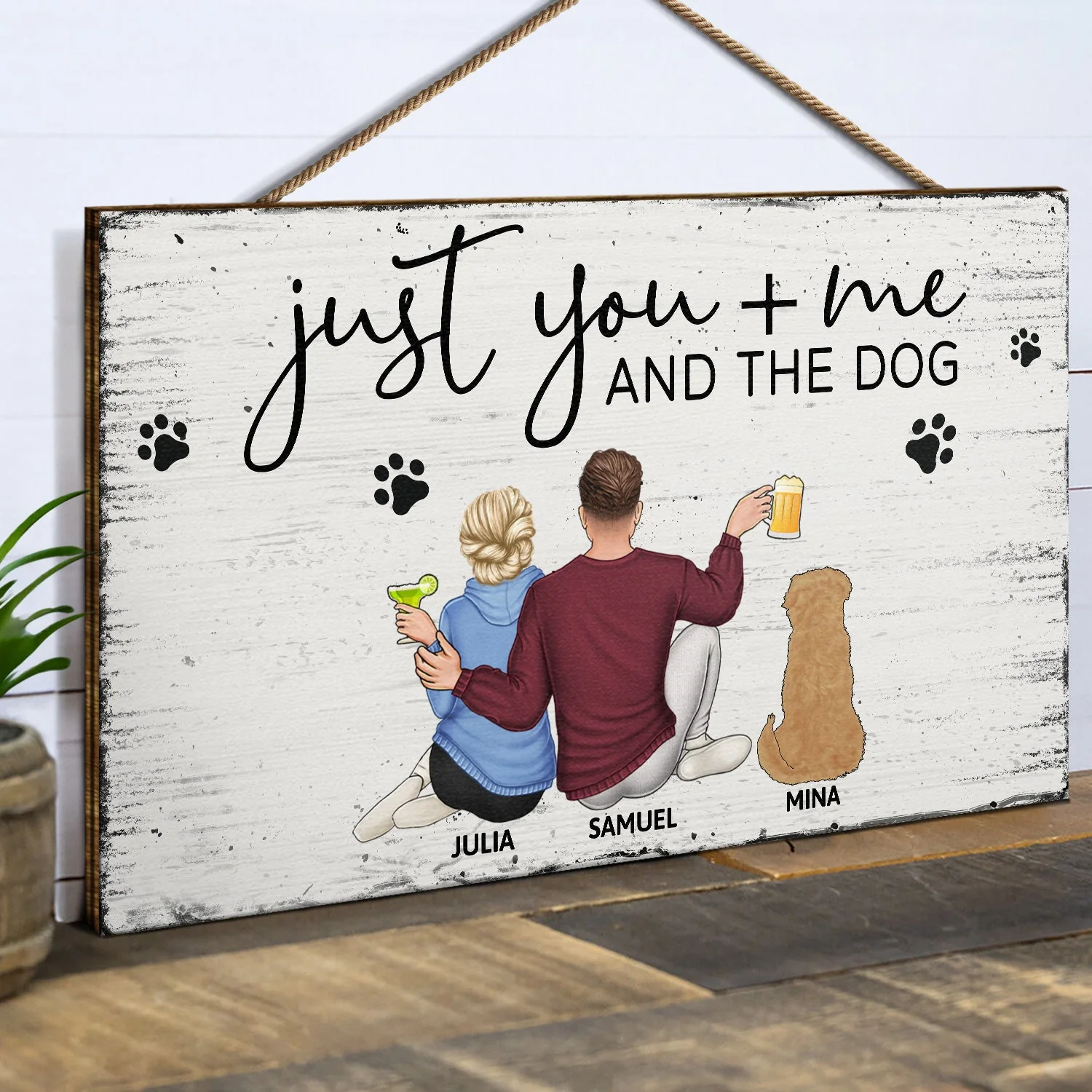 Just You Me And The Dogs - Anniversary Gift For Couples, Dog Lovers - Personalized Wood Rectangle Sign - Image 2
