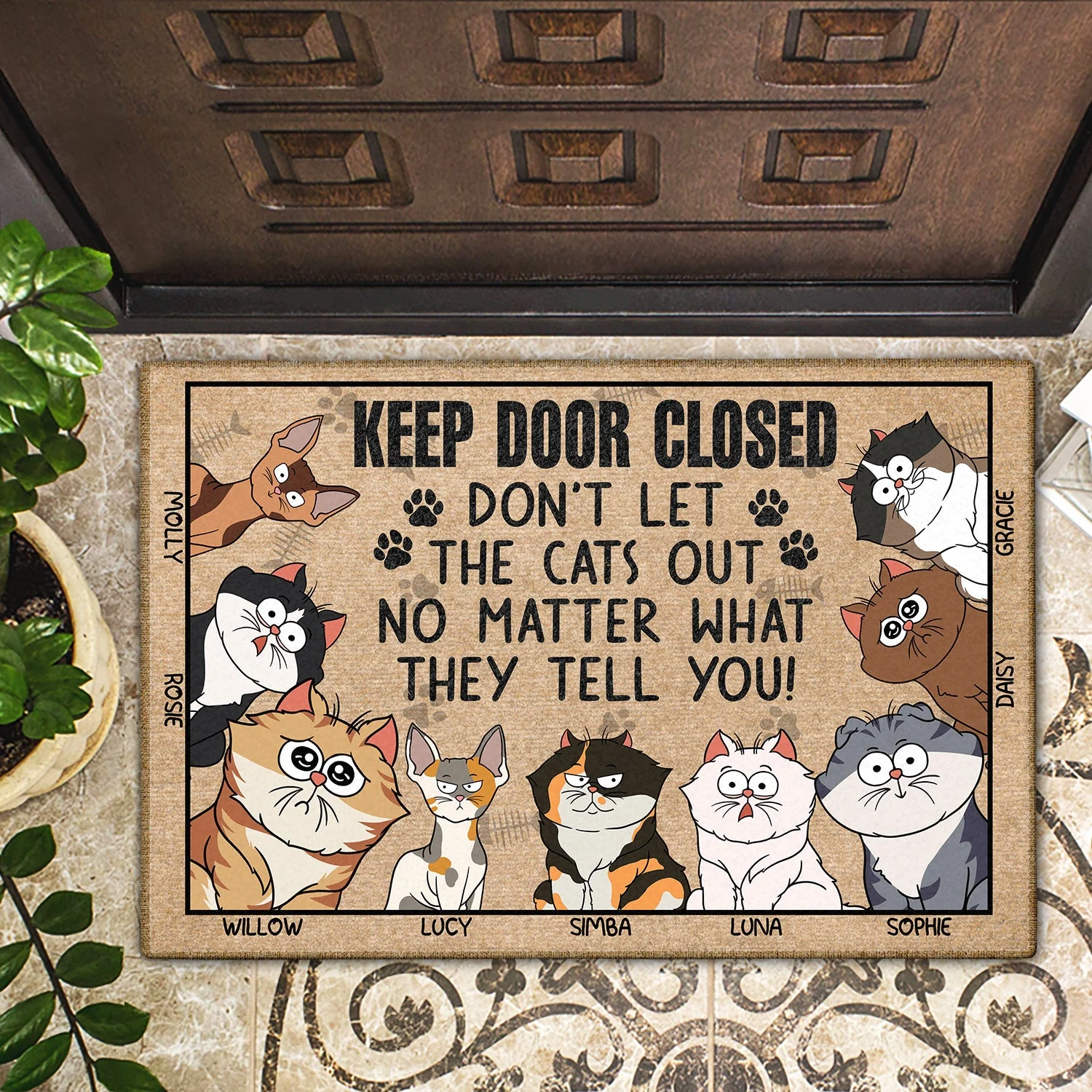 Keep The Door Closed Funny Cartoon Cat - Gift For Cat Lovers - Personalized Doormat - Image 2