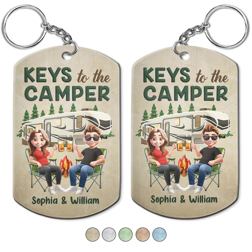 Keys To The Camper Camping Cartoon Couple - Personalized Aluminum Keychain