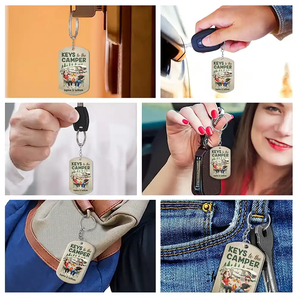 Keys To The Camper Camping Cartoon Couple - Personalized Aluminum Keychain - Image 6
