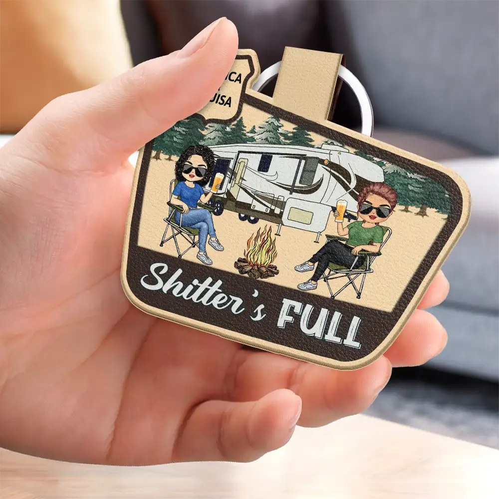 Keys To The Camper Chibi Camping Couple - Personalized Custom Shaped Leather Keychain - Image 3