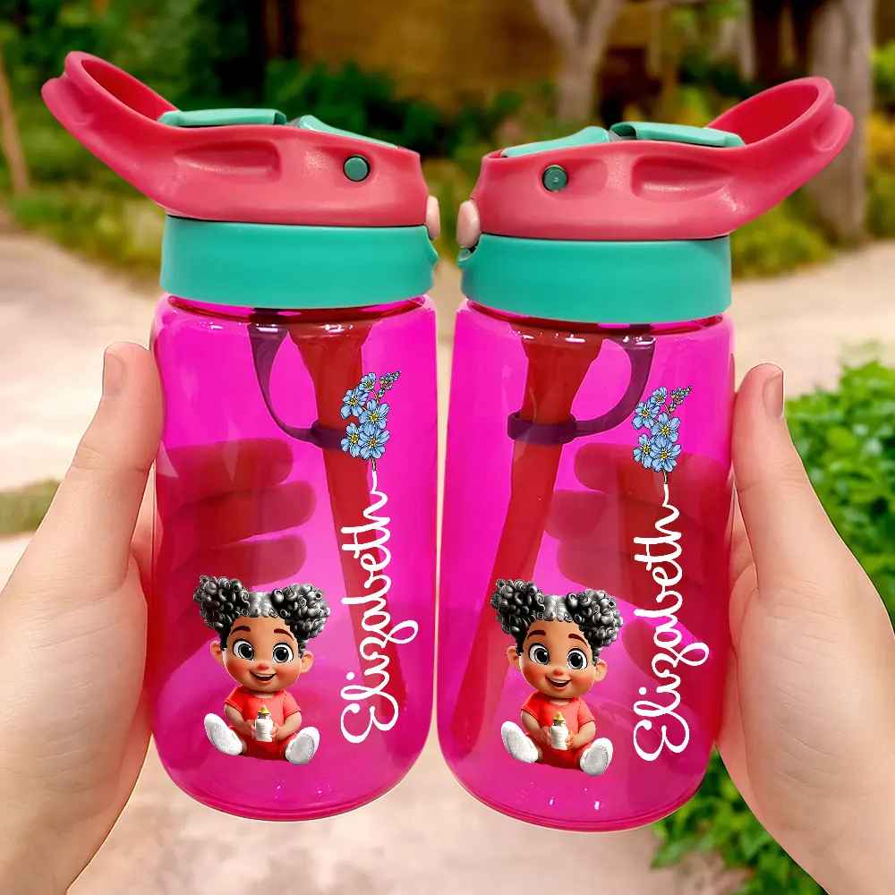 Kid Baby Sitting Birth Flower - Personalized Kids Water Bottle With Straw - Image 2