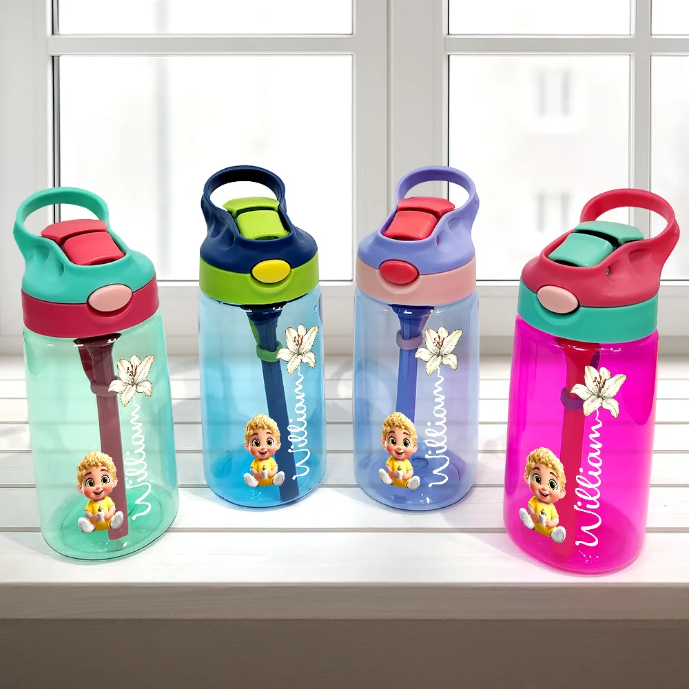 Kid Baby Sitting Birth Flower - Personalized Kids Water Bottle With Straw - Image 3